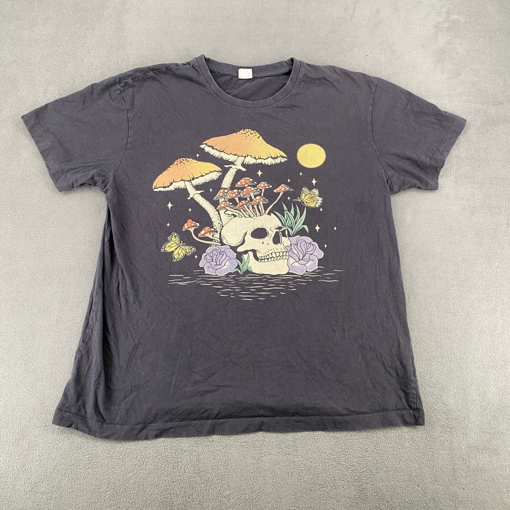Vibe N Mens Large Mushroom Skull Graphic T-Shirt Black Cottagecore Nature Tee